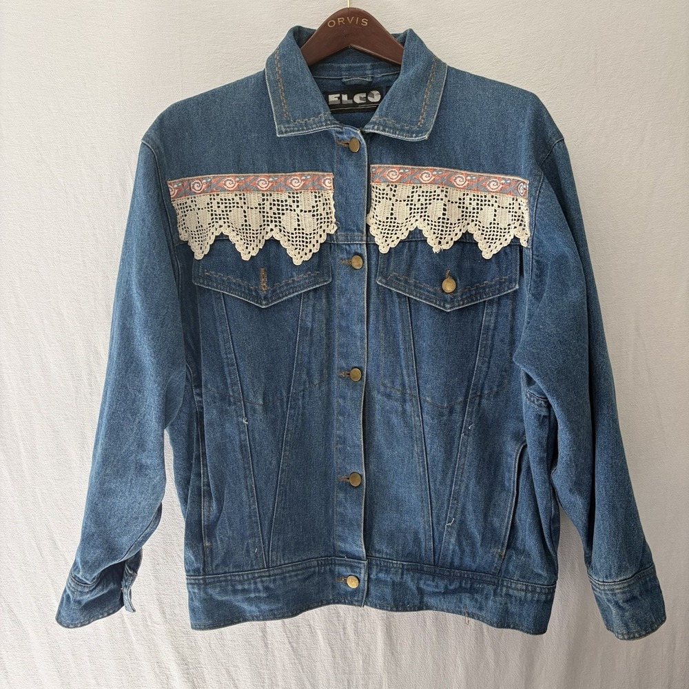 Vintage Elco Handmade Denim Jacket Embroidered Owl And Lace  Small Buttons - Picture 9 of 9